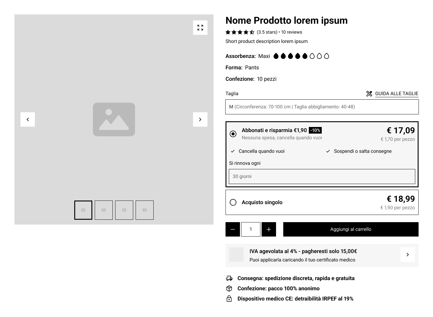 First product page exploration, with subscription and single purchase as parallel prices